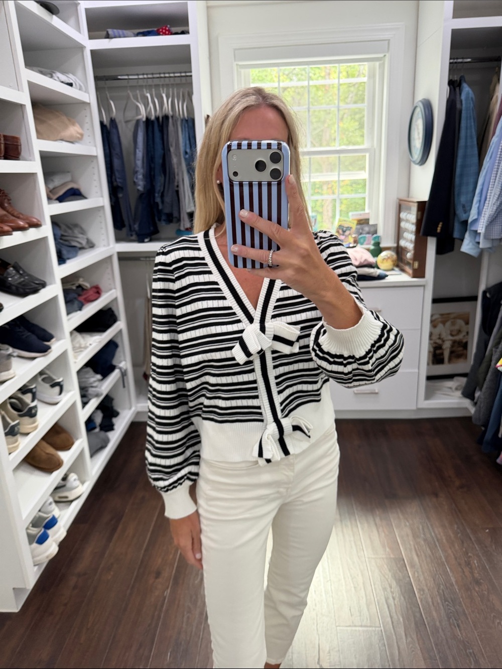 Amazon Black & White Striped V-Neck Bow Cardigan